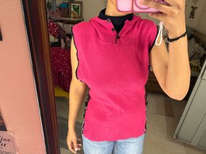 Bright Pink Sleeveless woolen hoodie