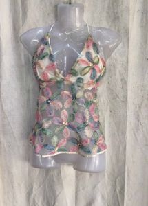 69. Sheer Floral Applique Halter Top