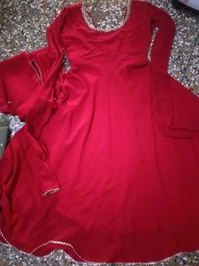 Red Anarkali Gown with Embellished Neckline