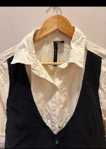 Chic Button-Up Shirt with Black Vest