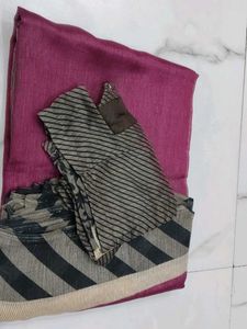 Elegant Magenta Saree with Striped Blouse combo of