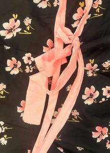 Charming Black Floral Dress with Pink Bow