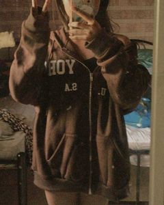 Oversized Brown "New York" Zip-Up Hoodie