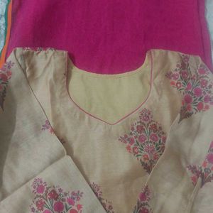 Cream and Fuchsia pink silk cotton salwar full set