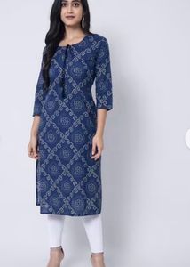 Blue Printed Kurta with Tassel Tie