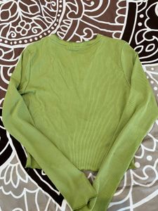 Green Long Sleeve Ribbed V-Neck Top