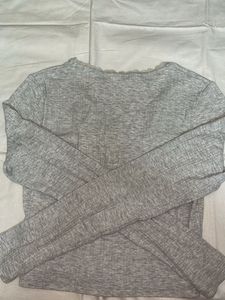 Grey Ribbed Long Sleeve Top with Lace Trim