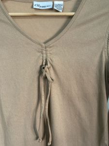 Tan V-Neck Long Sleeve Top with Drawstring