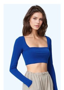 Blue Long Sleeve square neck Crop Top
