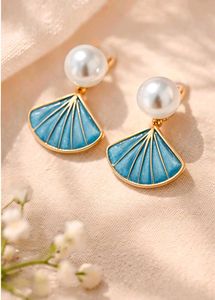 Elegant Pearl &amp; Turquoise Fan Earrings