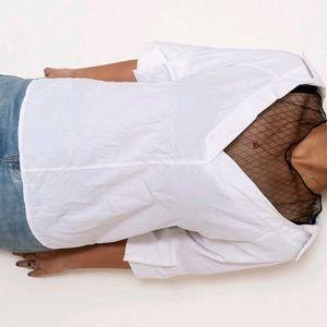 Chic White Shirt with Black Mesh Detail