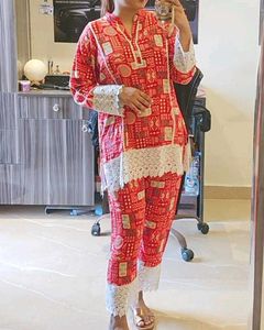 Red Block Print Kurta Set with Lace Trim