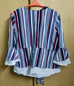 Striped Bell Sleeve Tie-Neck Top