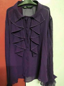 ZARA Deep Purple Pleated Ruffle Shirt