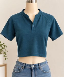 Teal Ribbed Cropped Henley Top