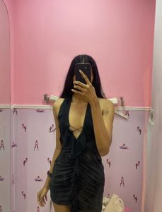Newme Chic Black Ruched Halter Neck Dress