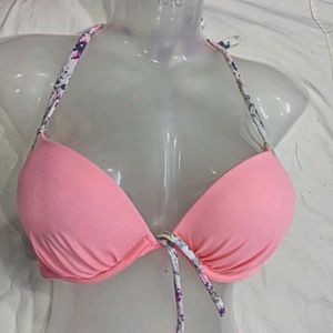 🪔 Pink Padded Bikini Top with Floral Straps