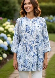 Blue And White Paisley Print Top, New Without Tag