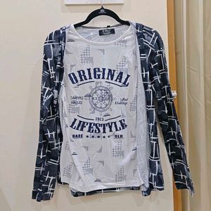 Trendy Layered Hoodie T-Shirt | Navy & White