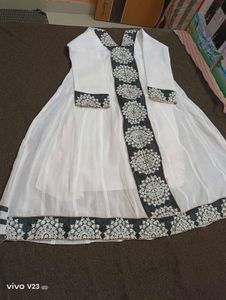 Premium White &amp; Grey Embroidered Anarkali Gown