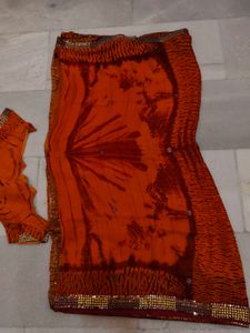 Orange Saree with Embellished Blouse sibori print