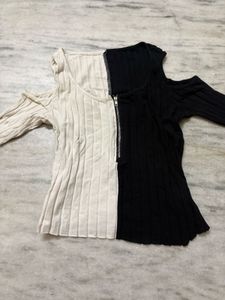 Split Color Cold Shoulder Zipper Top