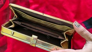 Elegant Grey Clutch with Gold Trim