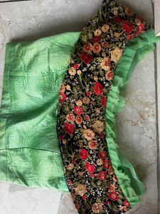 Lehenga Peach Color With Green Off Shoulder Blouse Fitting Margin Available