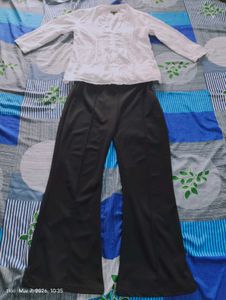 Chic White Embroidered shirt &amp; Black Pants Set