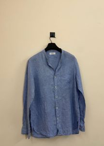 Men's Blue Linen Band Collar Shirt