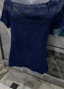 Off-Shoulder Navy Blue Lace Top