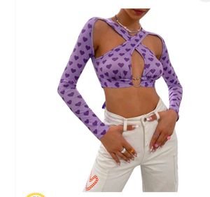 Purple Heart Print Crisscross Crop Top