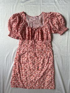 Pink Floral Puff Sleeve Square Neck Dress