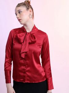 Elegant Red Satin Bow Blouse