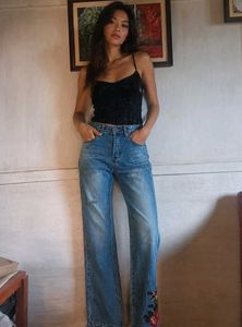 Wide Leg Jeans with Floral Embroidery