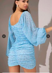 Aqua Blue Ruched Mini Dress with Statement Sleeves