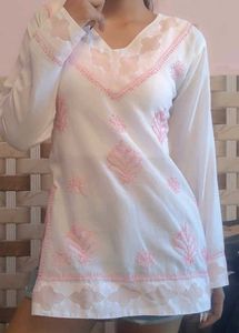 White Kurta with Pink Embroidery