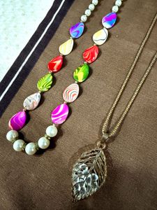 Set of 2 Boho Beaded &amp; Leaf Pendant Necklaces