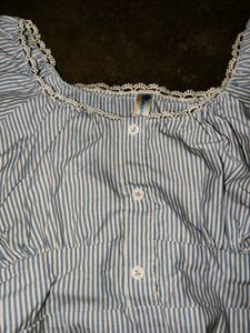 Blue Striped Puff Sleeve Top