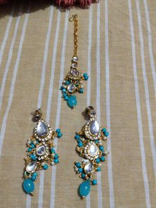 Stunning Blue &amp; White Earrings with mangtika