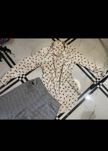 Chic Printed Button-Down Shirt &amp; Plaid Pants Set