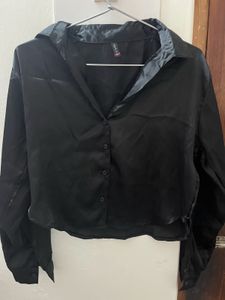 Sleek Black Satin Button-Up Shirt
