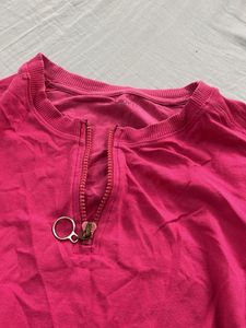 Hot Pink Zip Neck T-Shirt