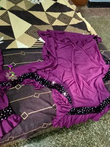 Purple Ruffled semi stitched saree with unstitched