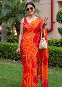 Vibrant Orange & Red Geometrical Print Saree