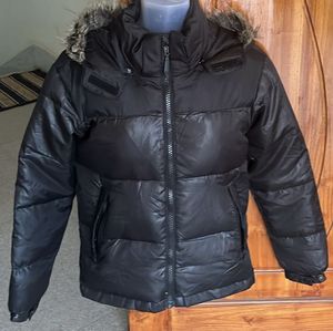 Black Puffer Jacket with Fur Hood (Unisex)
