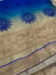 Navy blue and beige colour saree