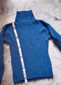 Blue Turtleneck Ribbed Sweater