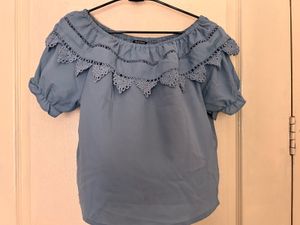 Blue Off-Shoulder Lace Trim Top