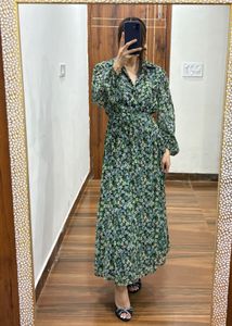 Long Sleeve Green Dainty Floral Print Midi Dress